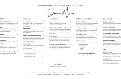 Image of the current dinner menu for Woodbine Inn & Restaurant. Please contact the restaurant for full menu details or request an accessible version.